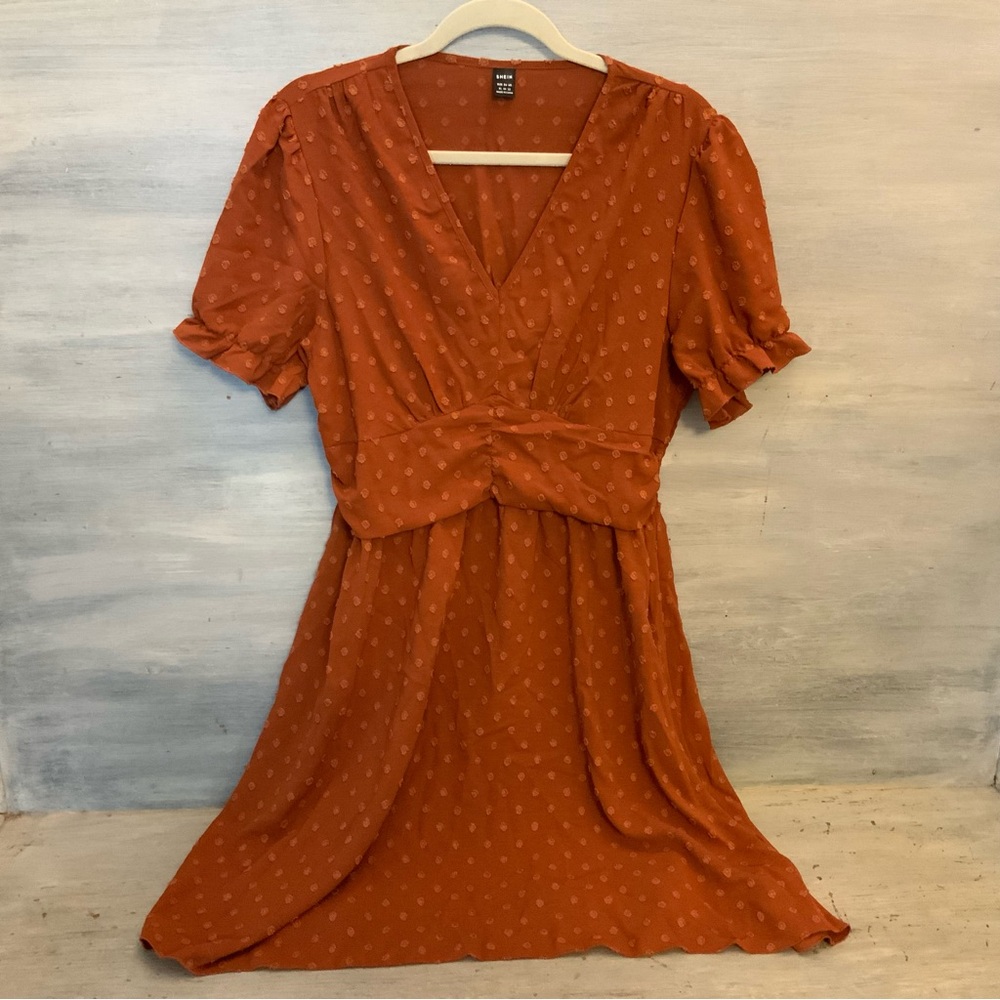 SHEIN Burnt Orange Swiss Dot‎ High Low Baby Doll Dress X-Large Good Condition